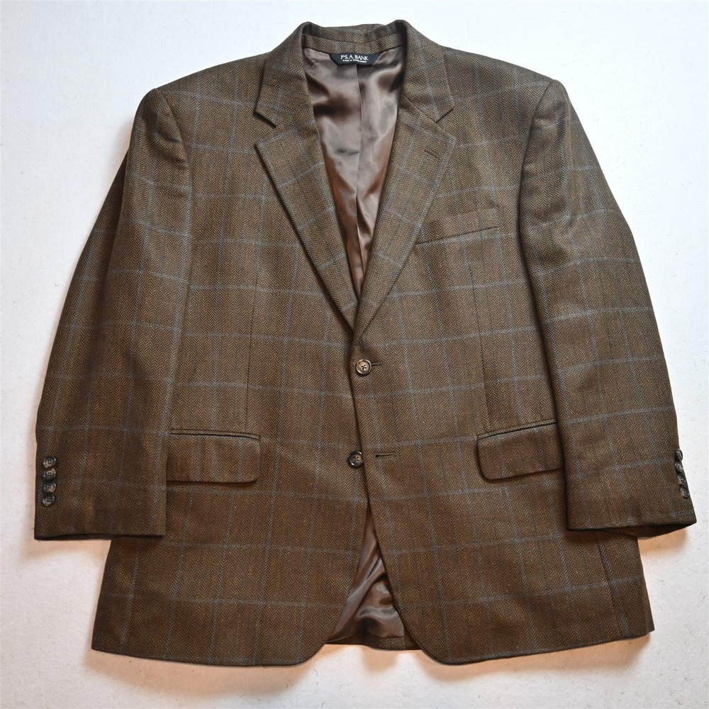 Jos A Bank 44S Brown Herringbone Wool Tweed Mens Blazer Suit Jacket Sport Coat